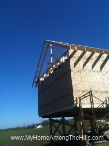 Getting ready to frame in the gable on my small cabin.  Check out the overhang on the roof